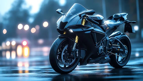 Modern sport motorcycle is parked on wet urban roadway