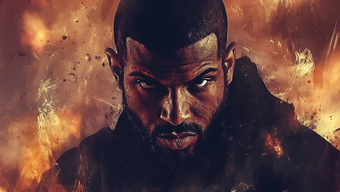 Intense male portrait in inferno-toned digital matte painting