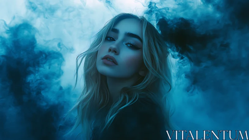 Moody blonde portrait emerging from swirling blue smoke.