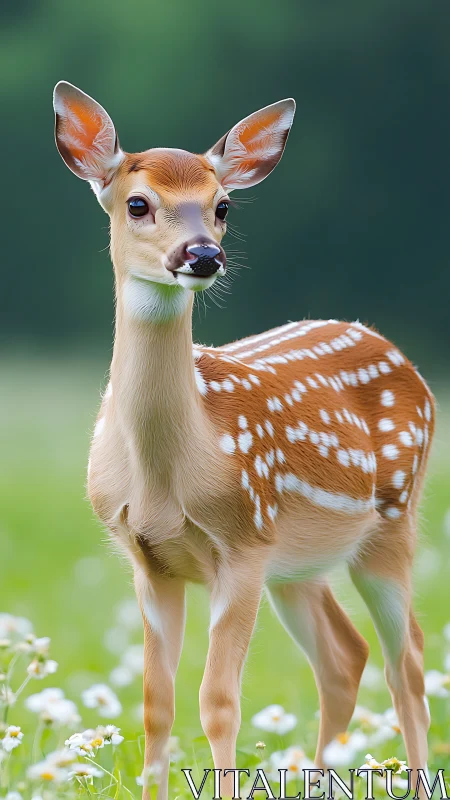 Young spotted fawn stands alert in a soft green meadow.