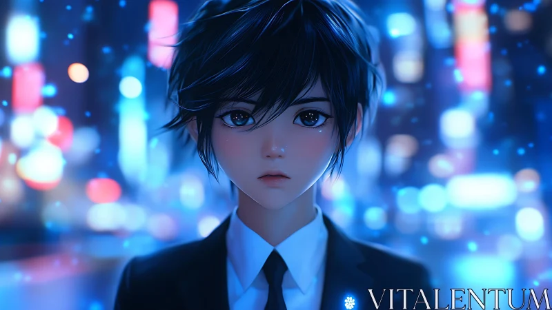 Young suited character stands before neon city bokeh lights