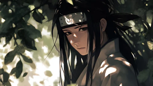 Anime portrait with dappled forest lighting and soft focus depth.