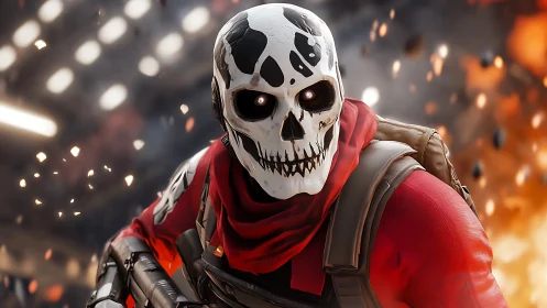 Skull-masked soldier advances through blazing combat chaos
