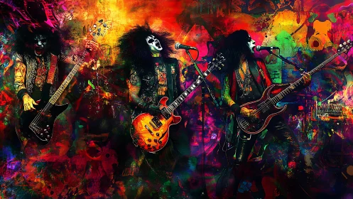 Digital painting of glam rock guitarists in neon splatter field.
