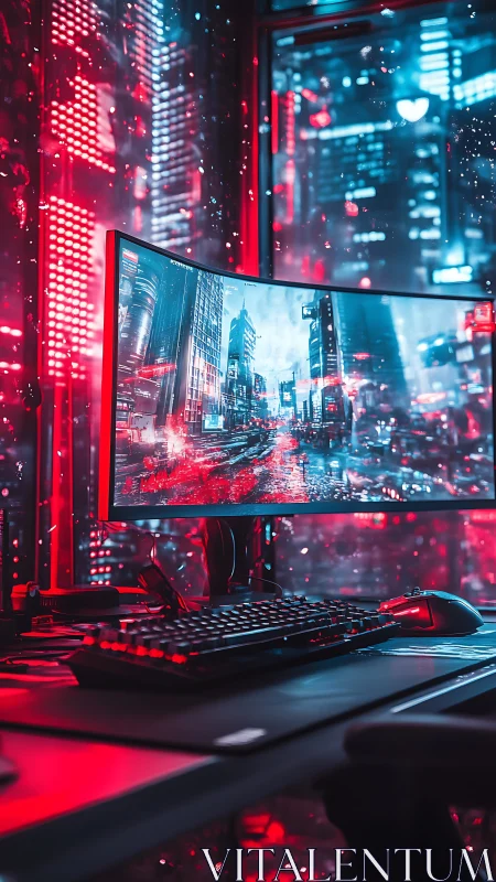 Cyberpunk workstation with curved display in neon matrix.