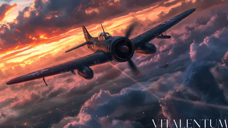 WWII naval dive bomber banking through storm-lit sunset cloudscapes