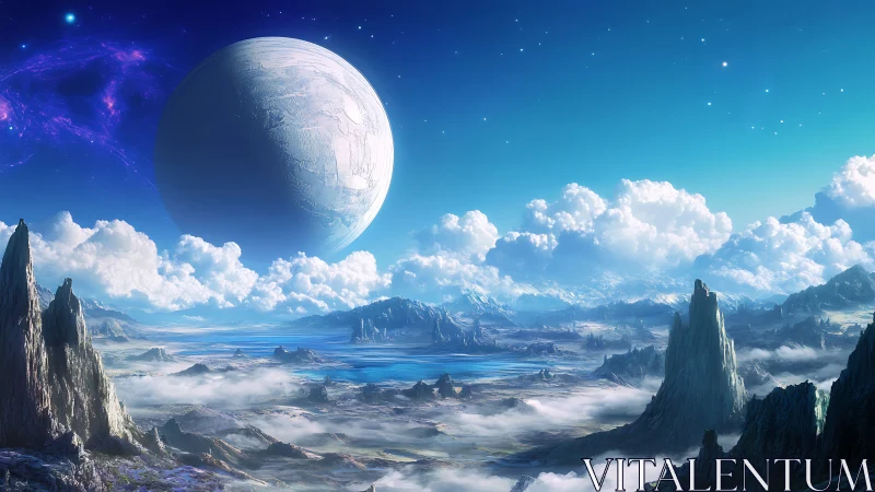 Gigantic ice moon rises above a serene alien valley.