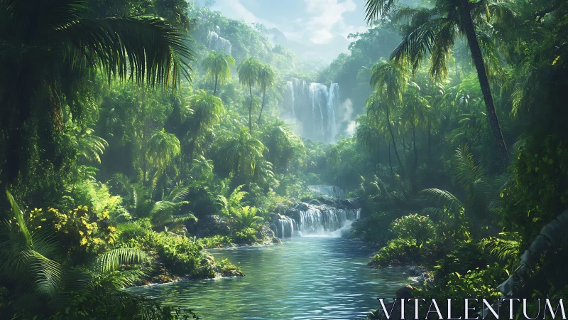 Tropical Waterfall Canyon Wrapped in Emerald Jungle Mist