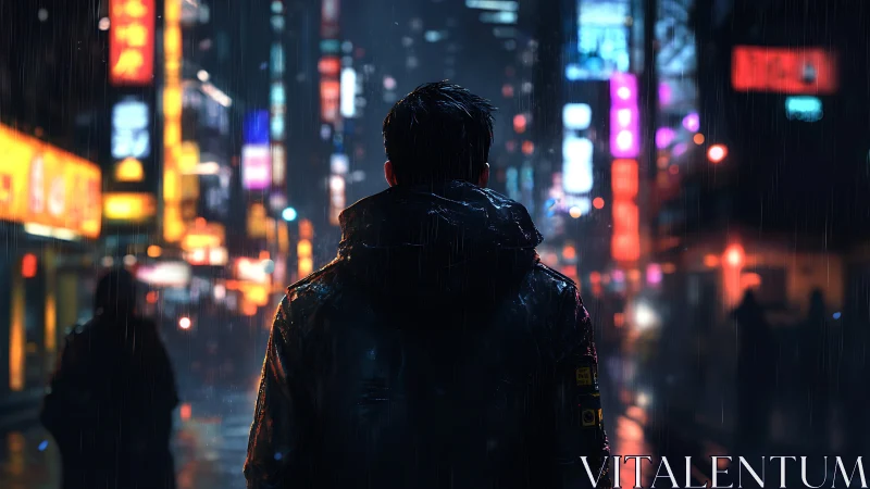 Lone drifter soaks in neon rain on a sleepless city street.