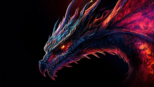 Luminous fire-dragon profile in neon edged digital painting.