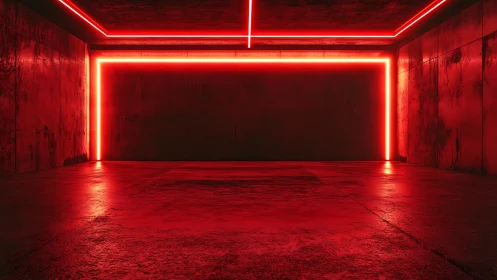 Red neon tunnel glows inside industrial concrete chamber.