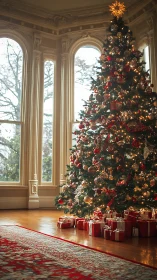 Grand holiday tree illuminates ornate bay window interior