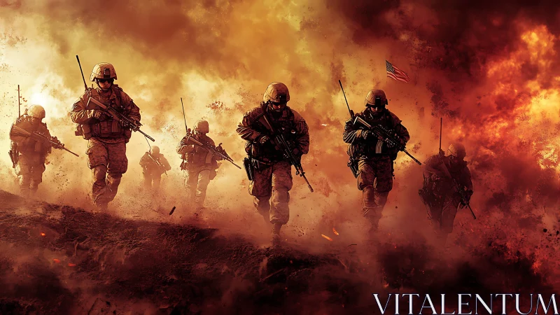 Soldiers advancing through fiery battlefield smoke and dust.