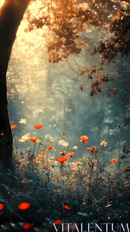 Backlit wildflower grove under golden forest haze.