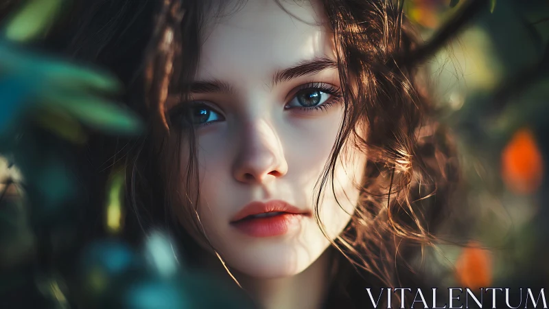 Hyperreal close-up portrait of young woman in dappled foliage