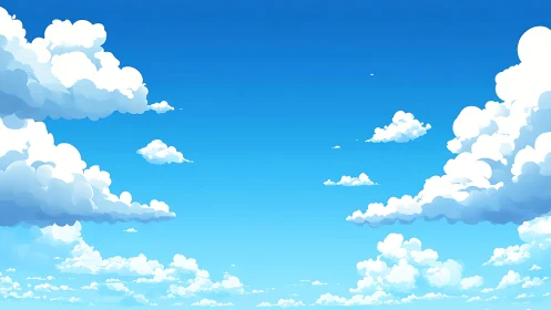 Vibrant blue sky with stylized cumulus clouds in layers.