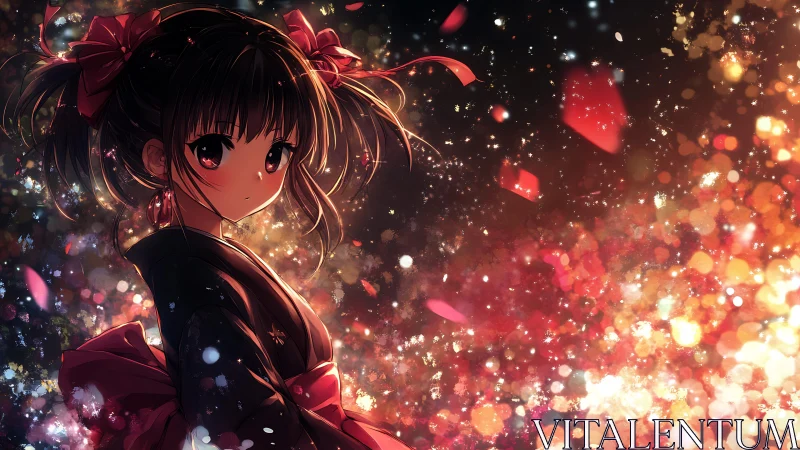 Anime girl in kimono amid abstract light and particles.