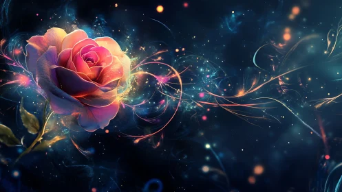 Luminous cosmic rose blooms amid swirling nebula light