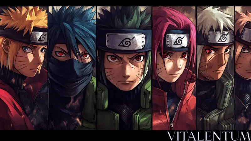 Intense red-eyed ninja portraits in segmented anime composition
