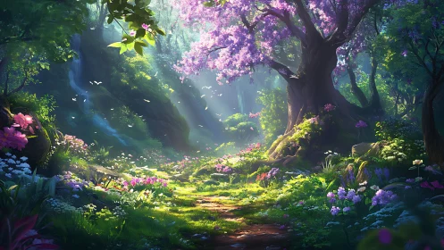 Enchanted Forest Clearing with Blooming Trees and Mist.