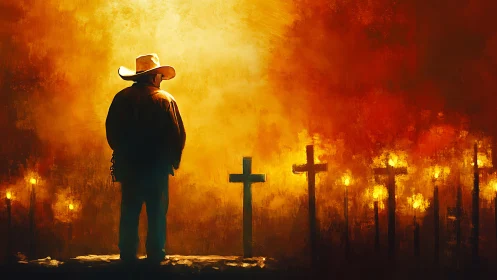 Lone cowboy in fiery twilight honoring quiet wooden crosses.