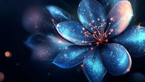Glowing blue digital flower renders with luminous particle detail