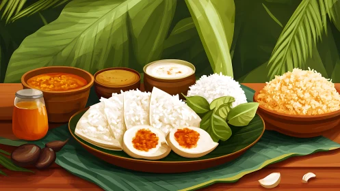 South Indian breakfast platter with idli, chutneys and sides