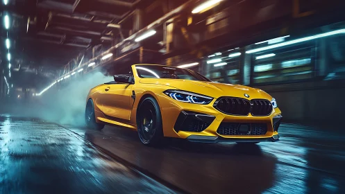 Midnight sprint: yellow BMW convertible prowls neon asphalt.