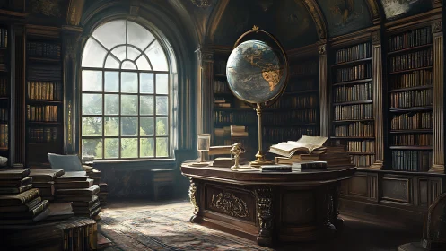 Sunlit old-world library with globe and quiet stories.
