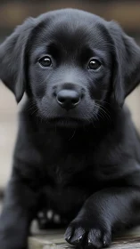Close-up portrait of glossy black Labrador puppy on wood