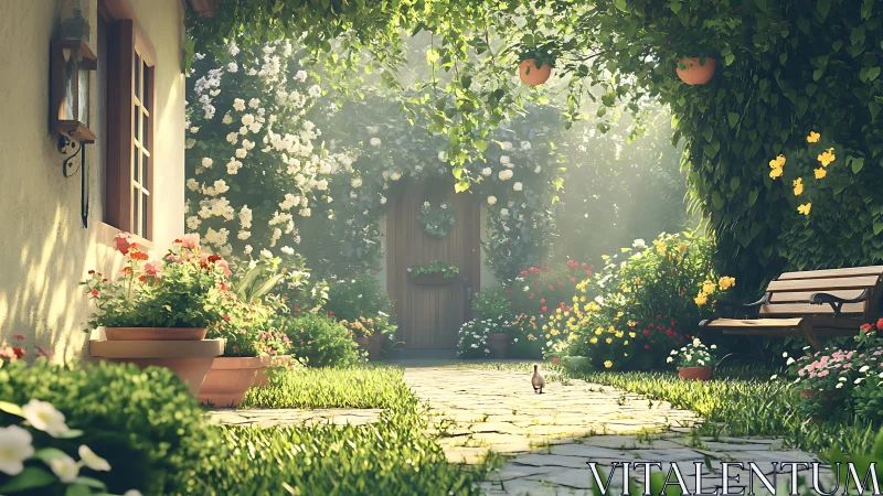 Sunlit cottage garden path frames wooden gate in bloom