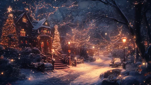 Winter streetscape glows in dense, cinematic holiday illumination