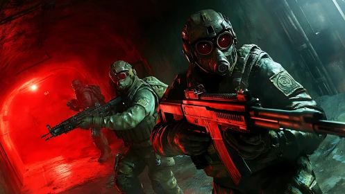 Tactical gas-mask squad advancing through irradiated tunnel.