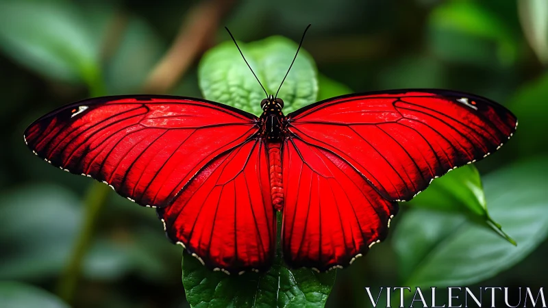 Scarlet butterfly rests on green leaf in sharp macro focus