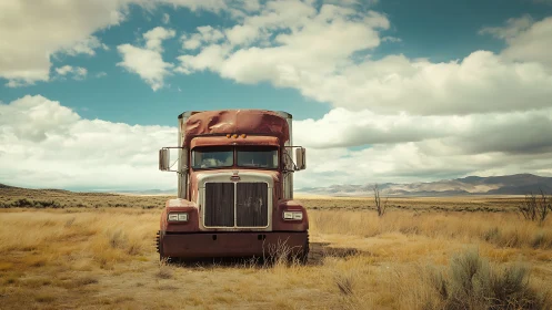 Photographic study of abandoned red truck in open prairie landscape.
