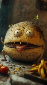 Goofy burger creature ready to escape snack time chaos.