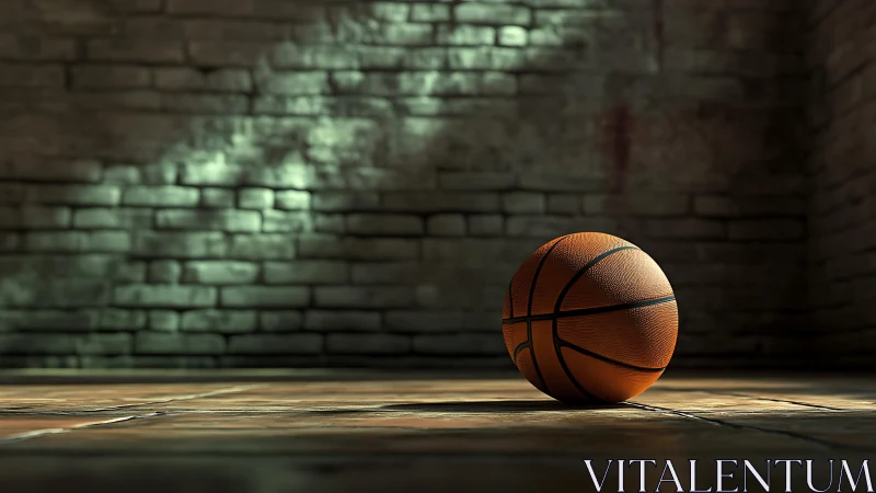 Lonely streetball waits in a spotlight of dusty basement light