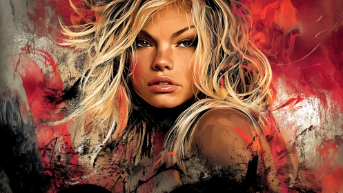 Intense blonde portrait in bold red abstract paint background.