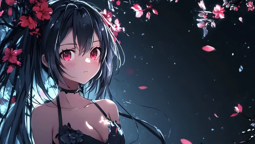 Dark-haired anime girl amid floating petals in nocturnal light