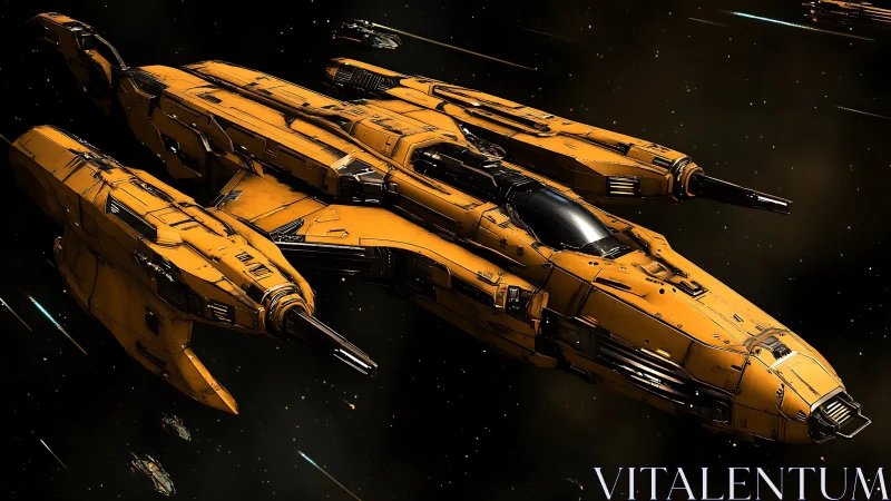 Large yellow sci fi warship travels through deep outer space
