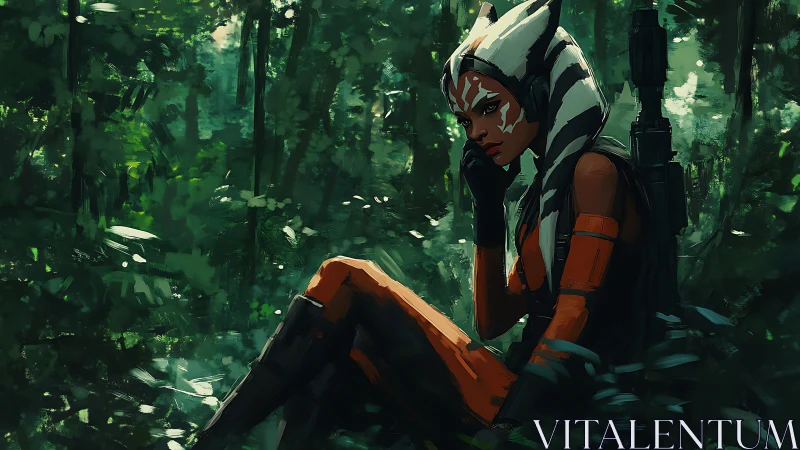 Contemplative ranger in dense jungle rendered with loose digital brushwork