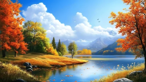 Autumn lake dreamscape under soaring clouds and distant peaks.