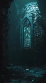Moonlit gothic window illuminates ruined stone corridor