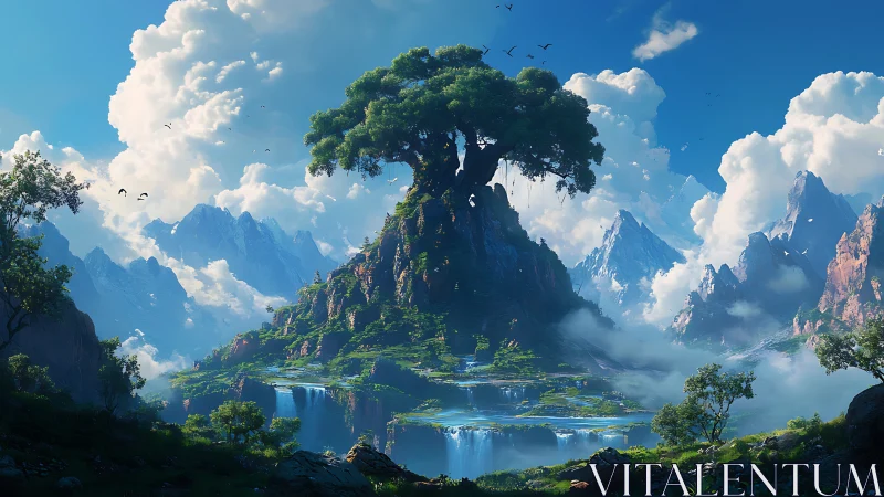 Ancient world tree crowns terraced cliffs above misty falls.