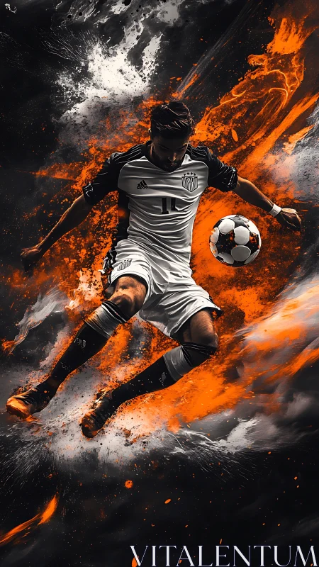 Flame-lit striker slicing through swirling cosmic pitch.