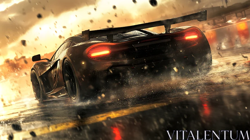 Rear three-quarter hypercar drift on rain-soaked circuit at dusk