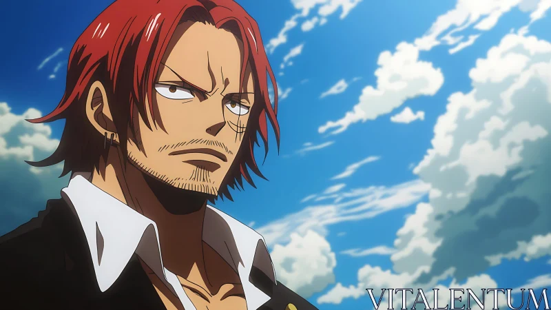 Red-haired anime swordsman gazes upward under vivid sky.