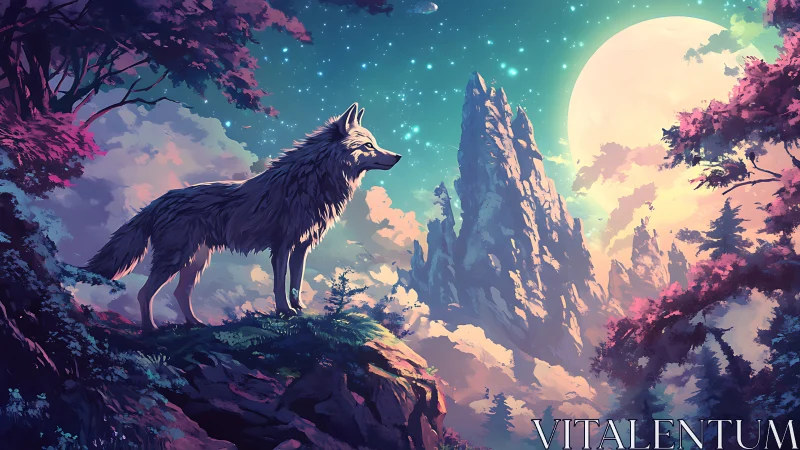 Lone celestial wolf gazes across a luminous moonlit valley
