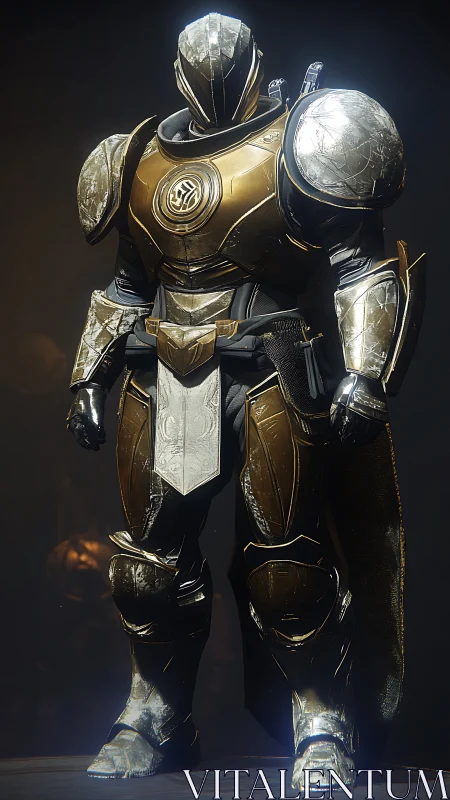 Gilded sci-fi paladin in ornate reflective heavy armor.