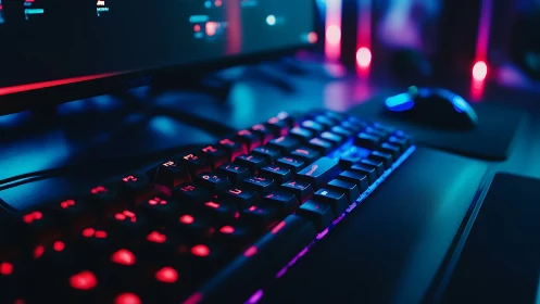 Neon-lit gaming keyboard glowing in a cozy night setup.
